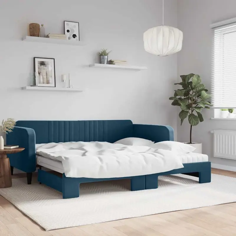 Sofa rozsuwana z materacami, niebieska, 100x200 cm, aksamit