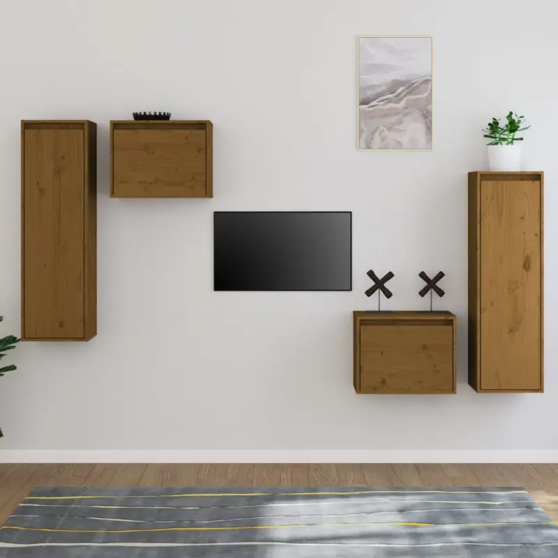 Szafki pod TV, 4 szt., miodowy brąz, lite drewno sosnowe