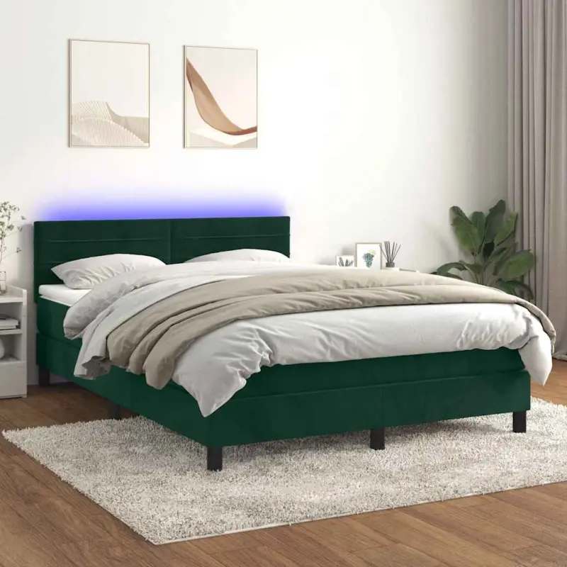 Łóżko kontynentalne z materacem i LED zielony aksamit 140x200cm
