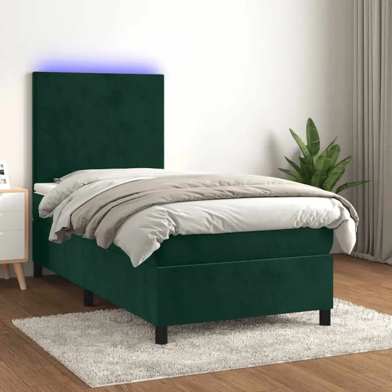 Łóżko kontynentalne z materacem i LED zielony aksamit 100x200cm