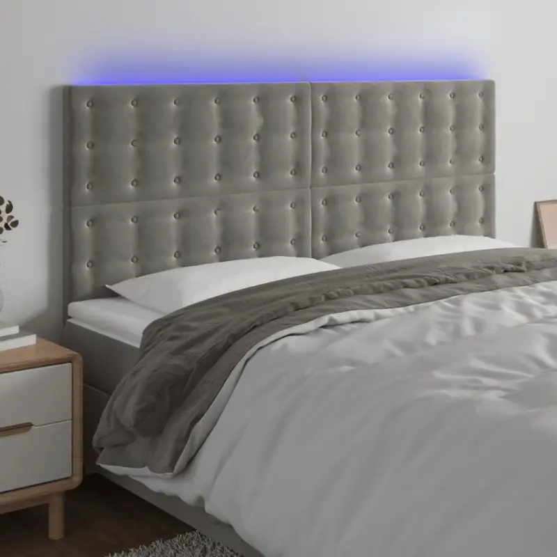 Zagłówek do łóżka z LED, jasnoszary, 180x5x118/128 cm, aksamit