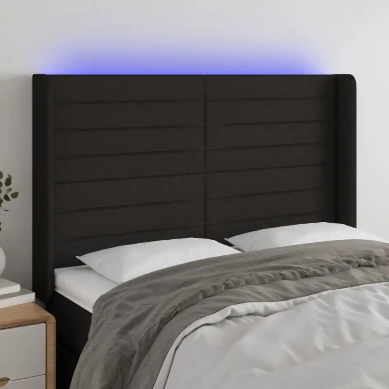 Zagłówek do łóżka z LED, czarny, 147x16x118/128 cm, tkanina