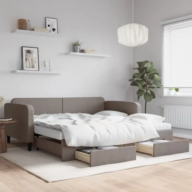 Sofa rozsuwana z szufladami, taupe, 100x200 cm, tkanina