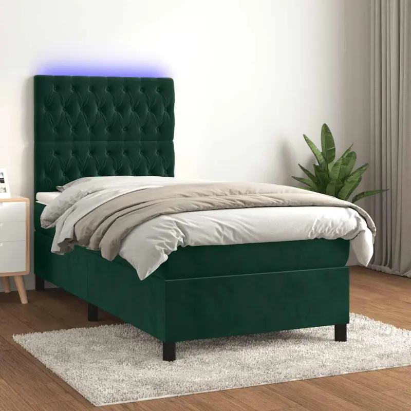 Łóżko kontynentalne z materacem i LED zielony aksamit 80x200 cm