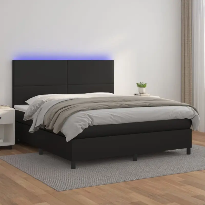 Łóżko kontynentalne z materacem i LED czarna ekoskóra 160x200cm