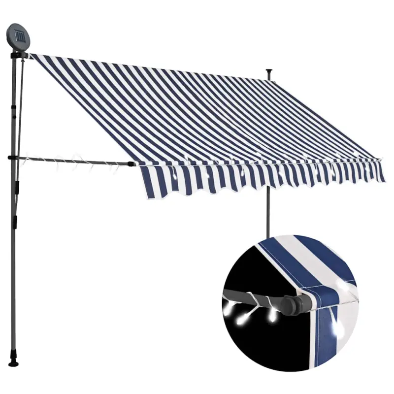 Ręcznie zwijana markiza z LED, 300 cm, niebiesko-biała