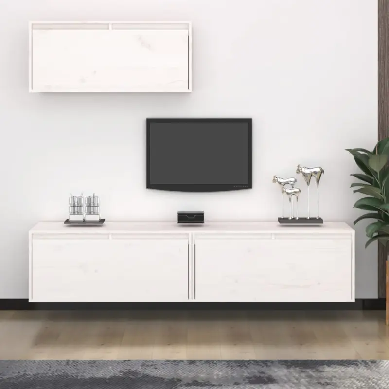 Szafki pod TV, 3 szt., białe, lite drewno sosnowe