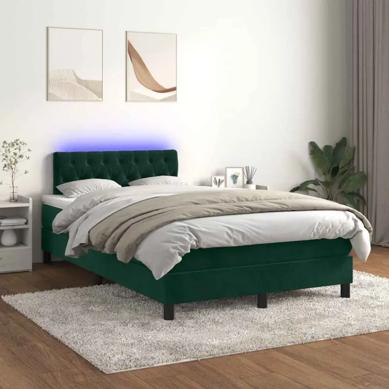 Łóżko kontynentalne z materacem i LED zielony aksamit 120x200cm