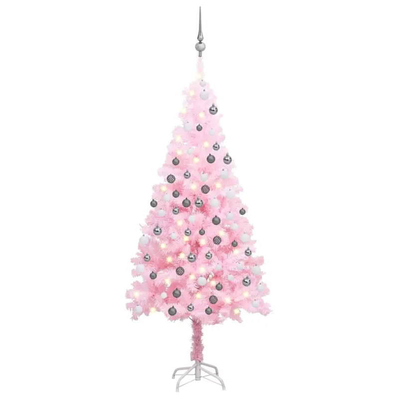 Sztuczna choinka z lampkami i bombkami, różowa, 150 cm, PVC