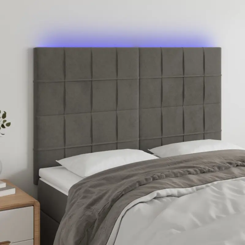 Zagłówek do łóżka z LED, ciemnoszary, 144x5x118/128 cm, aksamit