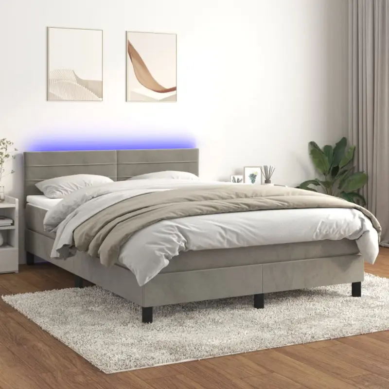 Łóżko kontynentalne z materacem i LED, jasnoszare, 140x190cm, aksamit
