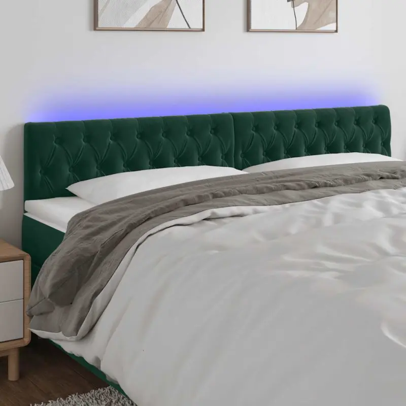 Zagłówek do łóżka z LED, ciemnozielony, 180x7x78/88 cm, aksamit