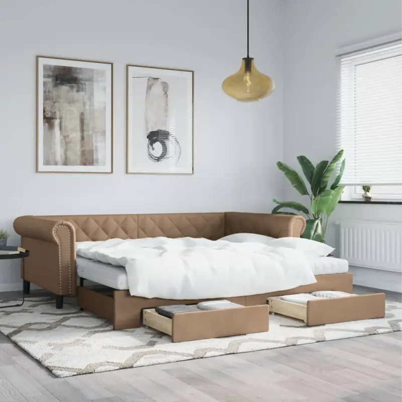 Sofa rozsuwana z szufladami, cappuccino, 90x200 cm, ekoskóra