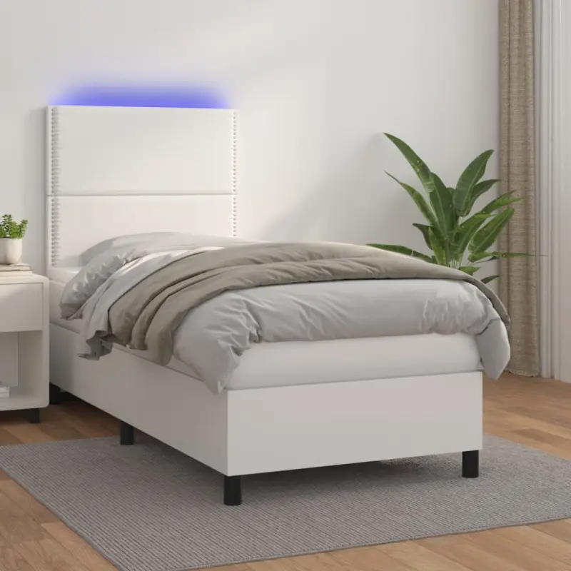 Łóżko kontynentalne z materacem i LED, biała ekoskóra 90x200 cm