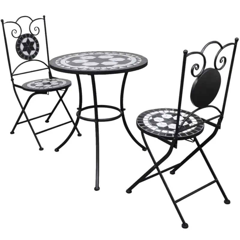 Meble ogrodowe 3-cz. zestaw bistro czarno-biały z ceramicznym blatem