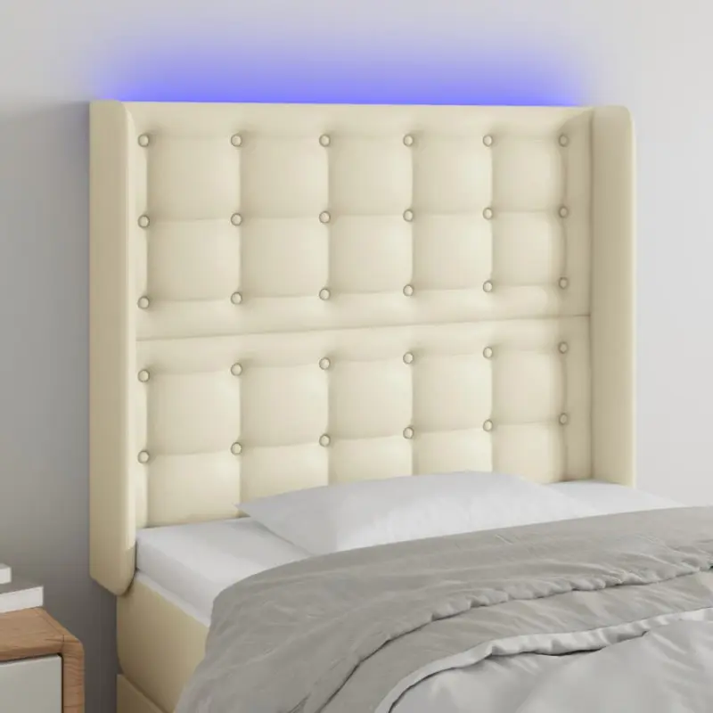 Zagłówek do łóżka z LED kremowy 93x16x118/128 cm sztuczna skóra