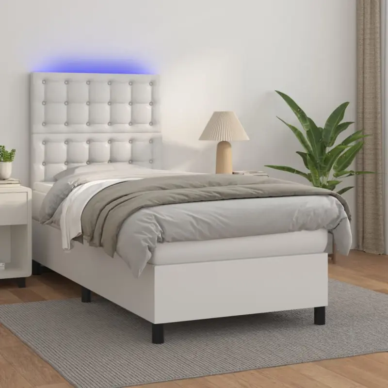 Łóżko kontynentalne z materacem i LED, biała ekoskóra 90x200 cm