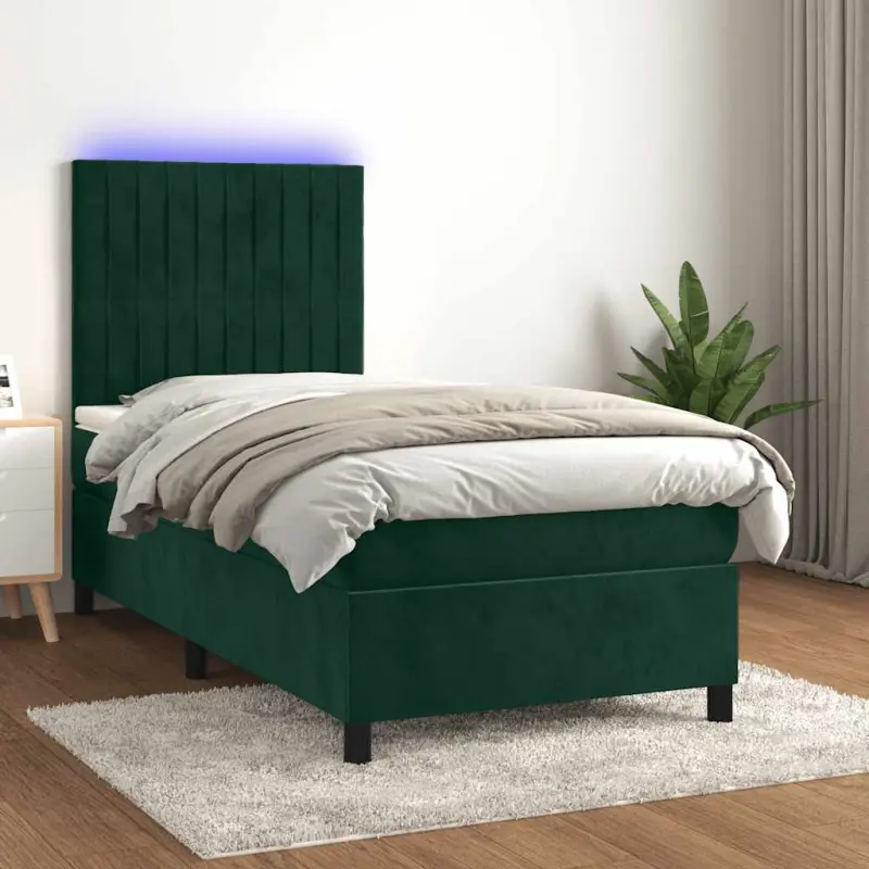 Łóżko kontynentalne z materacem i LED zielony aksamit 90x190 cm