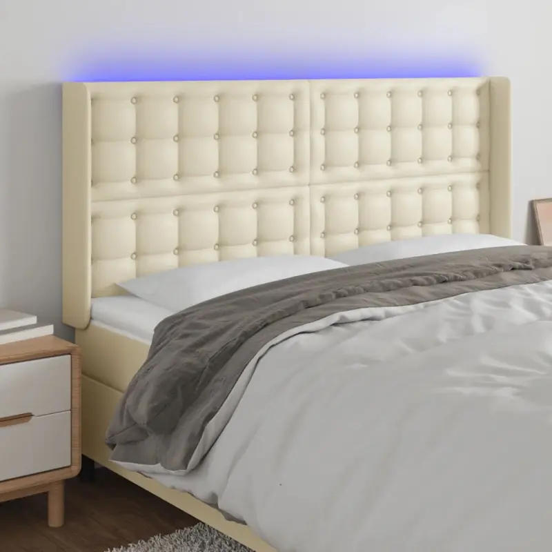 Zagłówek do łóżka z LED kremowy 183x16x118/128cm sztuczna skóra