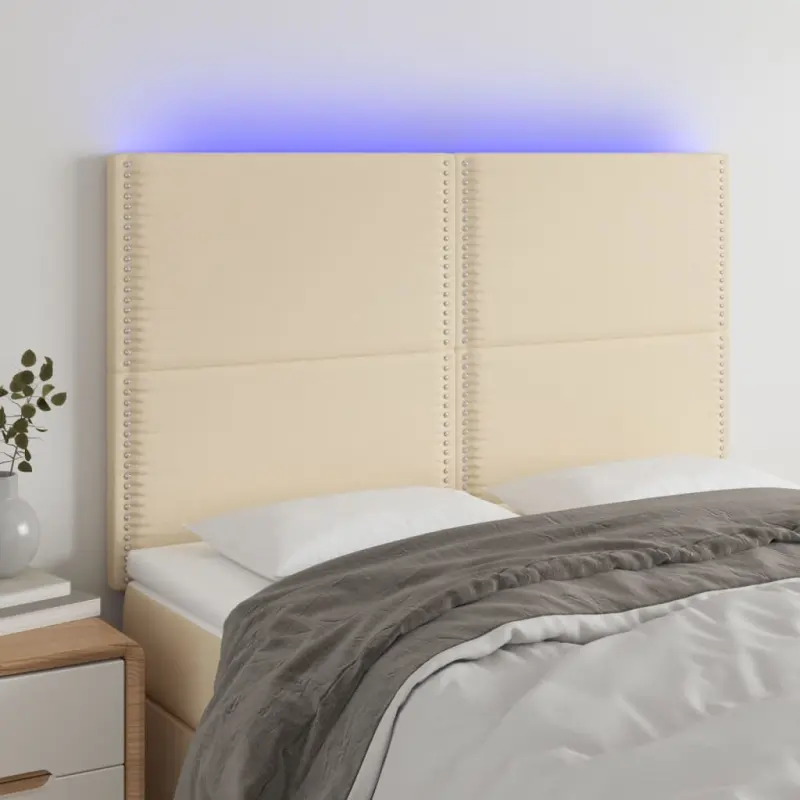 Zagłówek do łóżka z LED, kremowy, 144x5x118/128 cm, tkanina