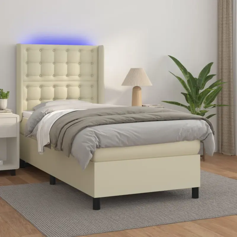 Łóżko kontynentalne z LED, materac, kremowe, ekoskóra 80x200 cm