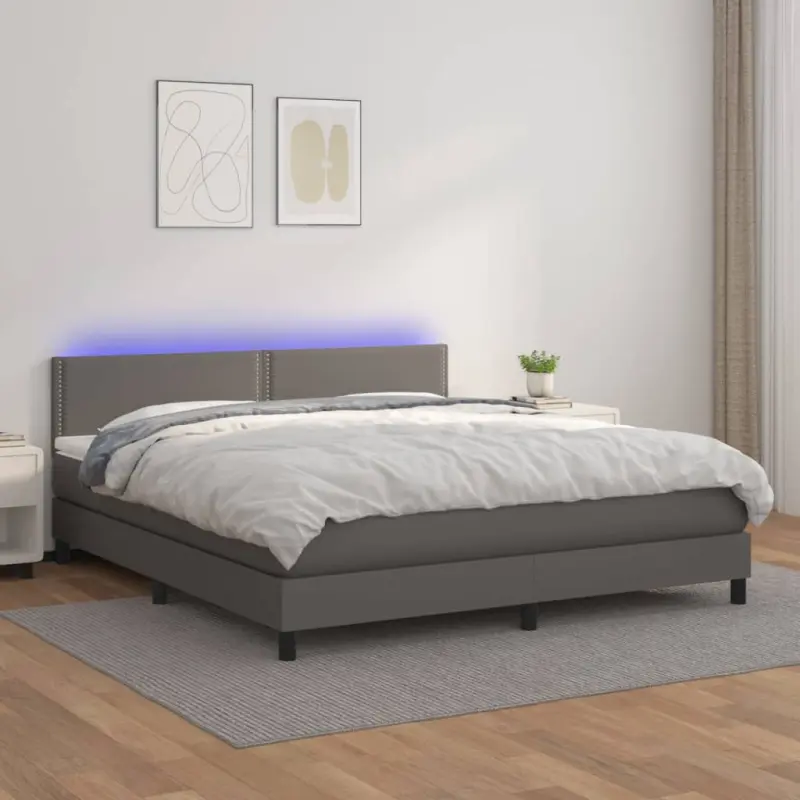 Łóżko kontynentalne z materacem i LED, szara ekoskóra 180x200cm