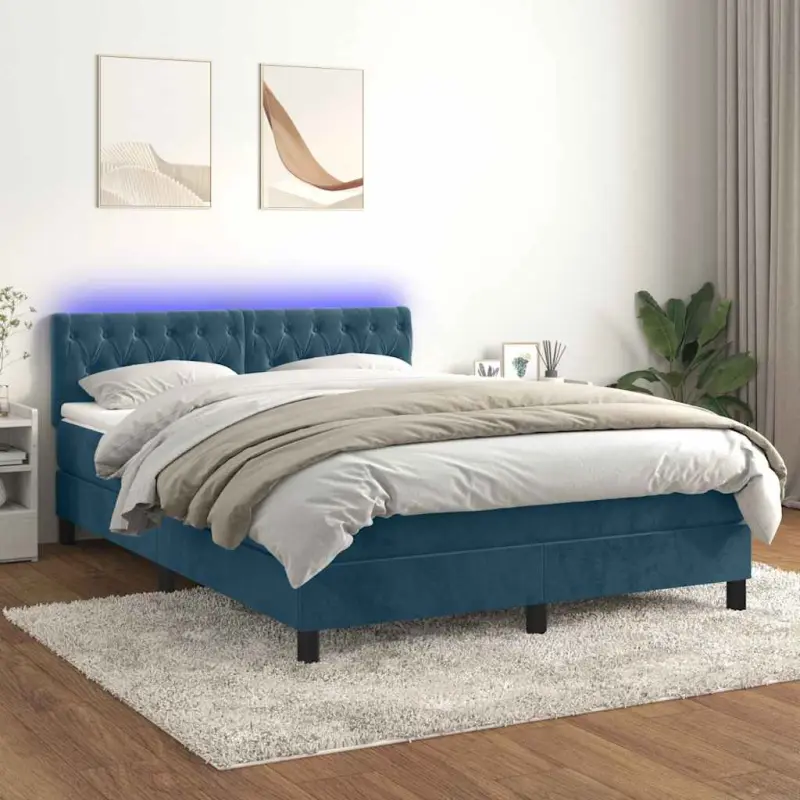 Łóżko kontynentalne, materac i LED, niebieski aksamit 140x190cm