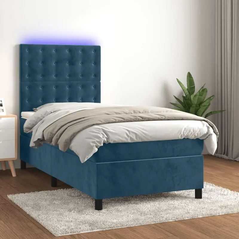 Łóżko kontynentalne, materac i LED, niebieski aksamit 80x200 cm