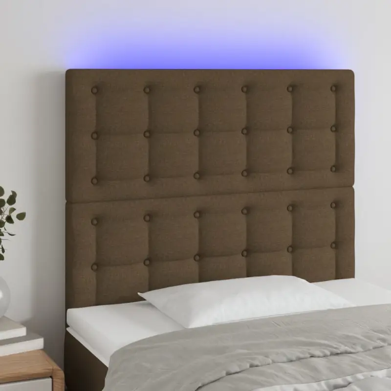 Zagłówek do łóżka z LED ciemnobrązowy, 90x5x118/128 cm tkanina