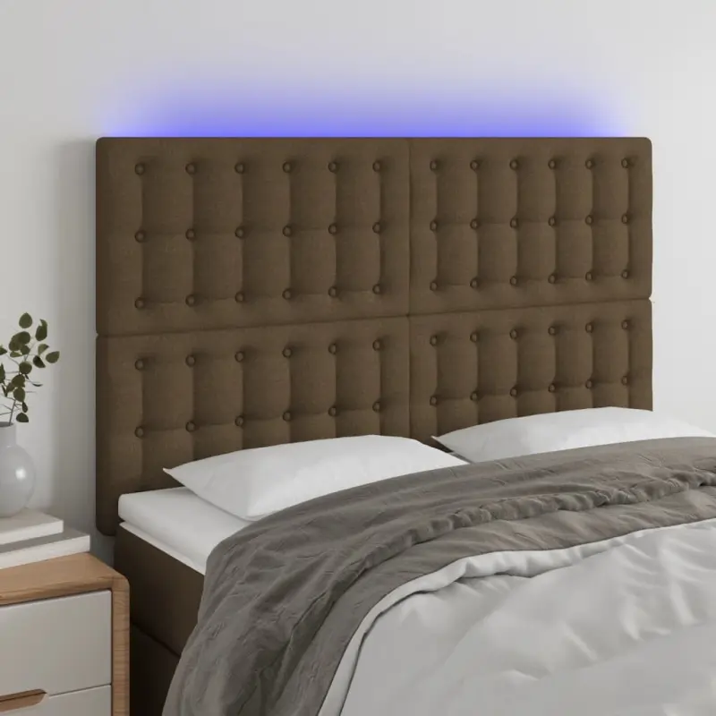 Zagłówek do łóżka z LED ciemnobrązowy 144x5x118/128 cm tkanina