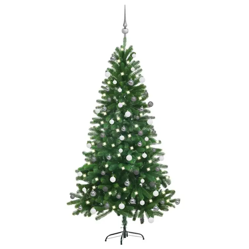 Sztuczna choinka z lampkami i bombkami, 150 cm, zielona