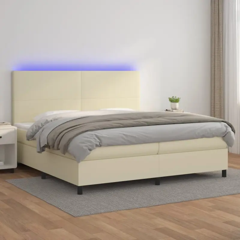 Łóżko kontynentalne z LED, materac, kremowe, ekoskóra 200x200cm