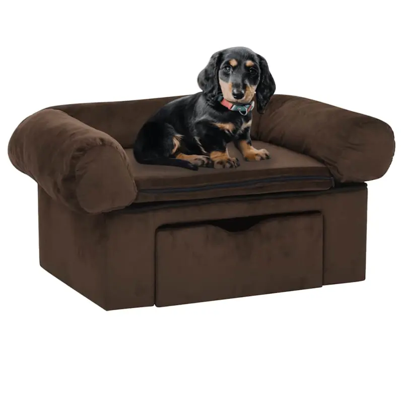 Sofa dla psa, z szufladą, brązowa, 75x50x38 cm, pluszowa