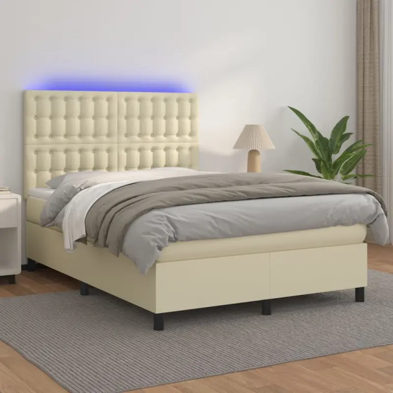 Łóżko kontynentalne z LED, materac, kremowe, ekoskóra 140x200cm