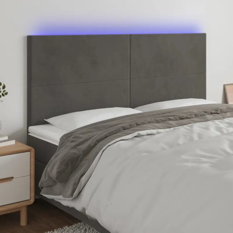 Zagłówek do łóżka z LED, ciemnoszary, 200x5x118/128 cm, aksamit