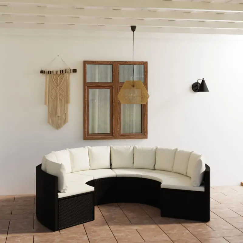 Meble ogrodowe sofa 6-częściowa z rattan PE czarna z kremowymi poduszkami