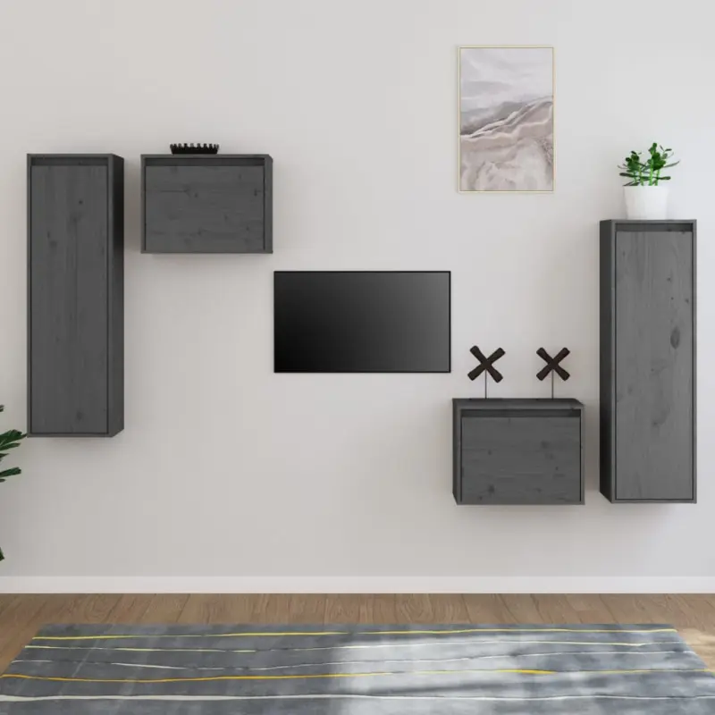 Szafki pod TV, 4 szt., szare, lite drewno sosnowe