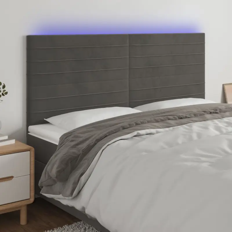 Zagłówek do łóżka z LED, ciemnoszary, 180x5x118/128 cm, aksamit