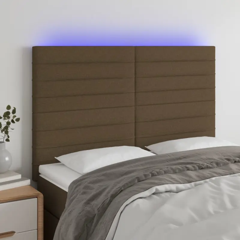 Zagłówek do łóżka z LED ciemnobrązowy 144x5x118/128 cm tkanina