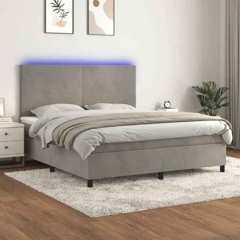 Łóżko kontynentalne z materacem i LED, szare 160x200cm, aksamit