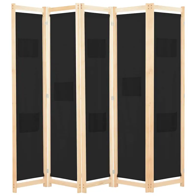 Parawan 5-panelowy, czarny, 200 x 170 x 4 cm, tkanina