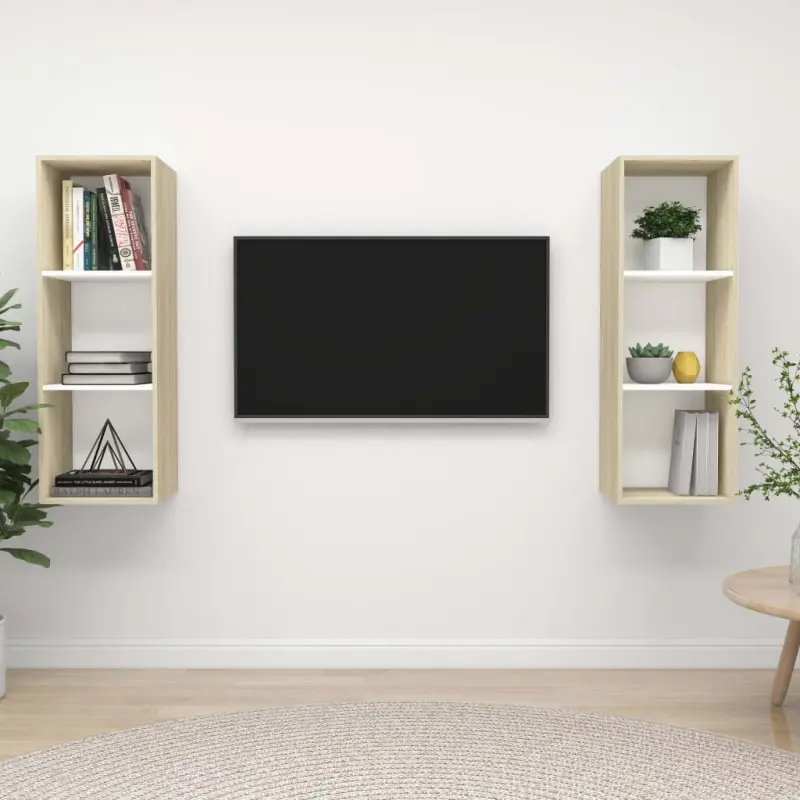 Wiszące szafki TV, 2 szt., biel i dąb sonoma, płyta wiórowa