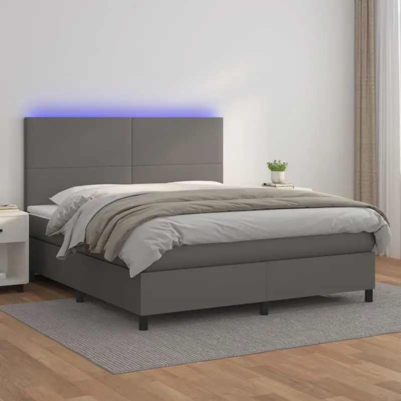 Łóżko kontynentalne z materacem i LED, szara ekoskóra 180x200cm