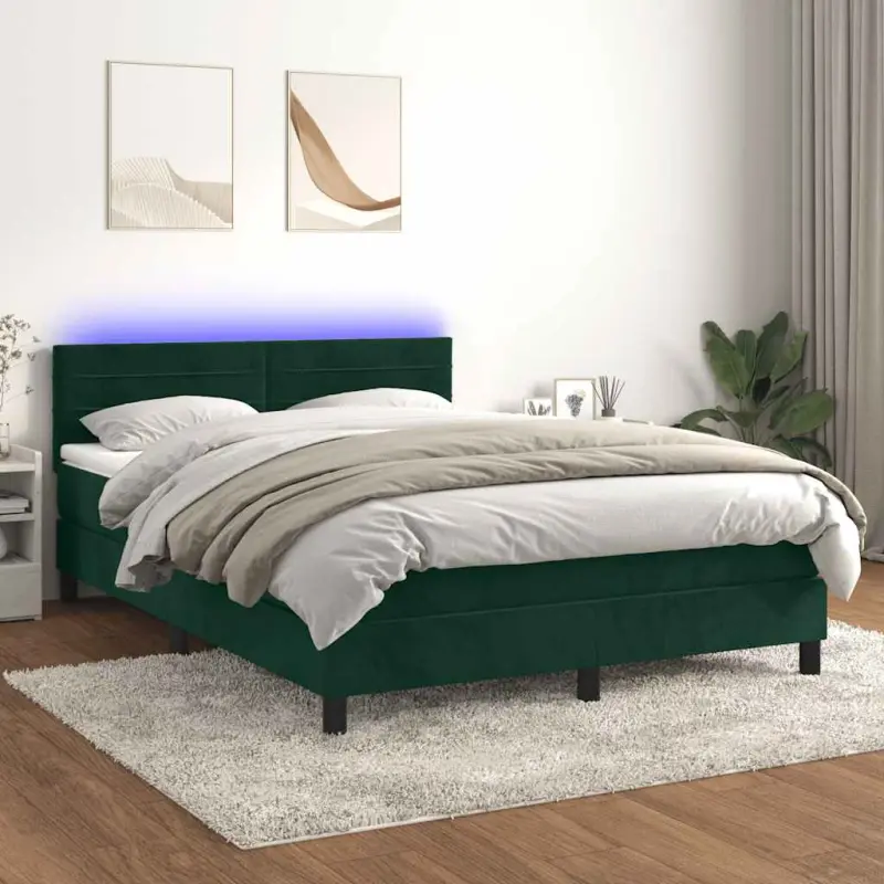 Łóżko kontynentalne z materacem i LED zielony aksamit 140x190cm