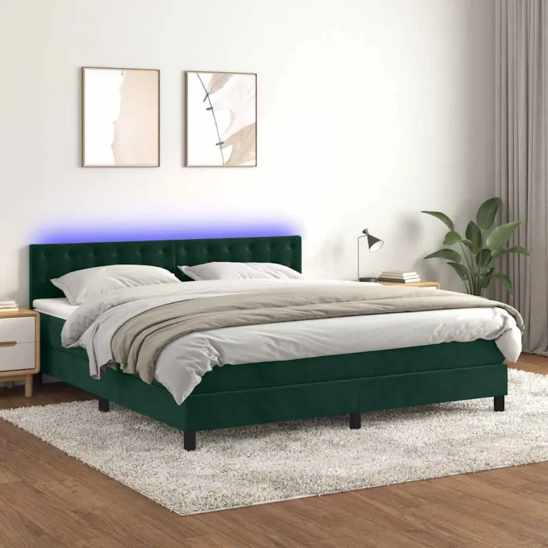 Łóżko kontynentalne z materacem i LED zielony aksamit 160x200cm