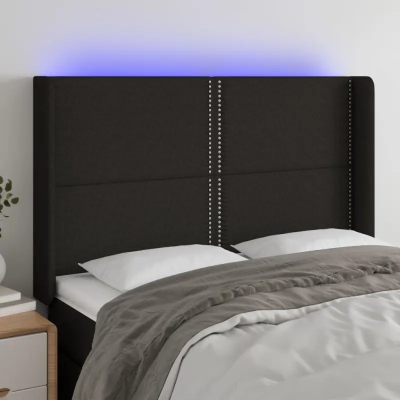 Zagłówek do łóżka z LED, czarny, 147x16x118/128 cm, tkanina