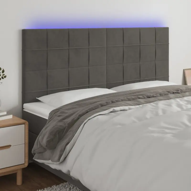 Zagłówek do łóżka z LED, ciemnoszary, 200x5x118/128 cm, aksamit