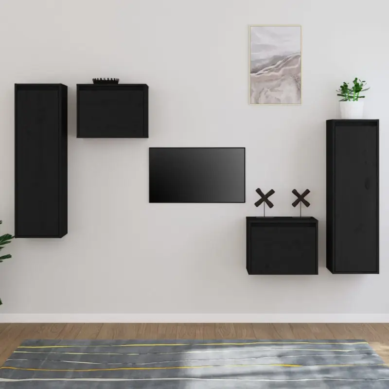 Szafki pod TV, 4 szt., czarne, lite drewno sosnowe