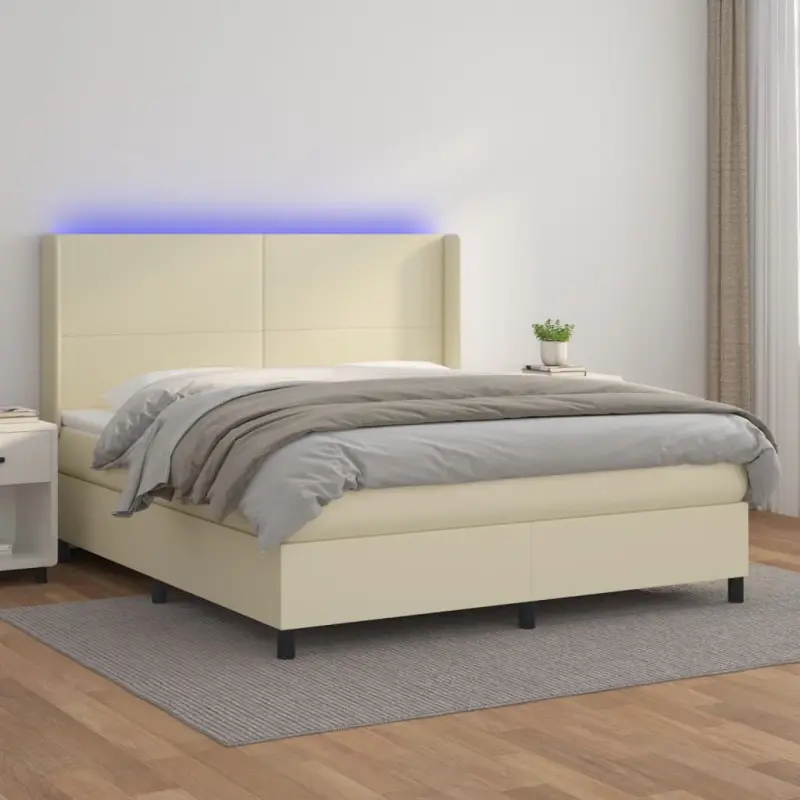 Łóżko kontynentalne z LED, materac, kremowe, ekoskóra 180x200cm