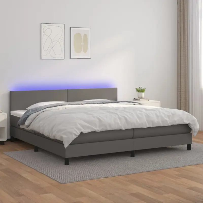 Łóżko kontynentalne z materacem i LED, szara ekoskóra 200x200cm